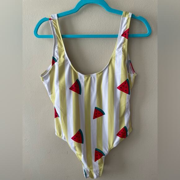 NWT Yellow & White Striped Watermelon One Piece Swimsuit Size L - Picture 1 of 10